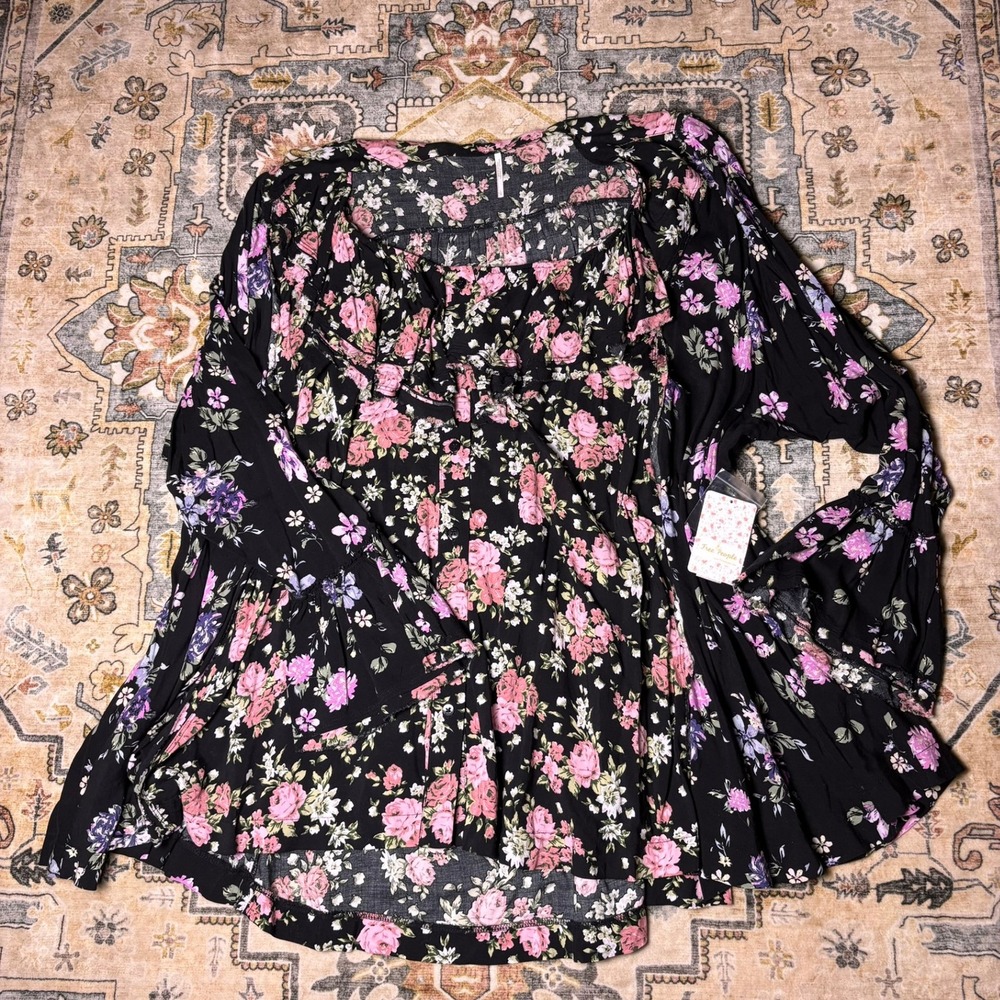 Free People Black Floral Boho Tunic with Pink & Purple Flowers